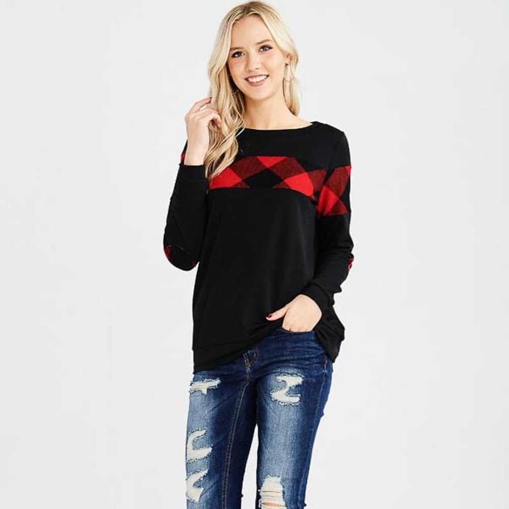 NWT!!  Red & Black Plaid Top with Elbow Patches